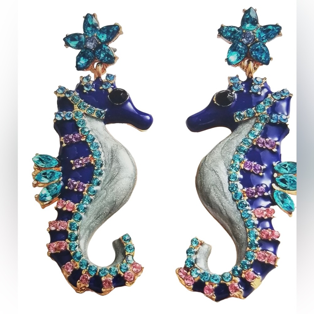 Blue Crystal Seahorse  Dangle Earrings
